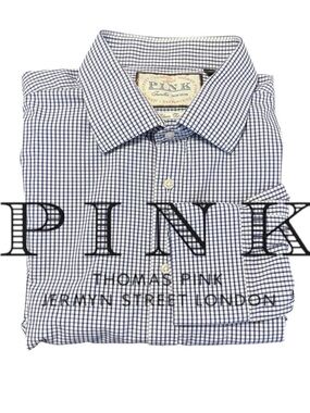 Thomas Pink Navy/White Check Cotton Classic Fit Button Up Shirt (18-35.5)